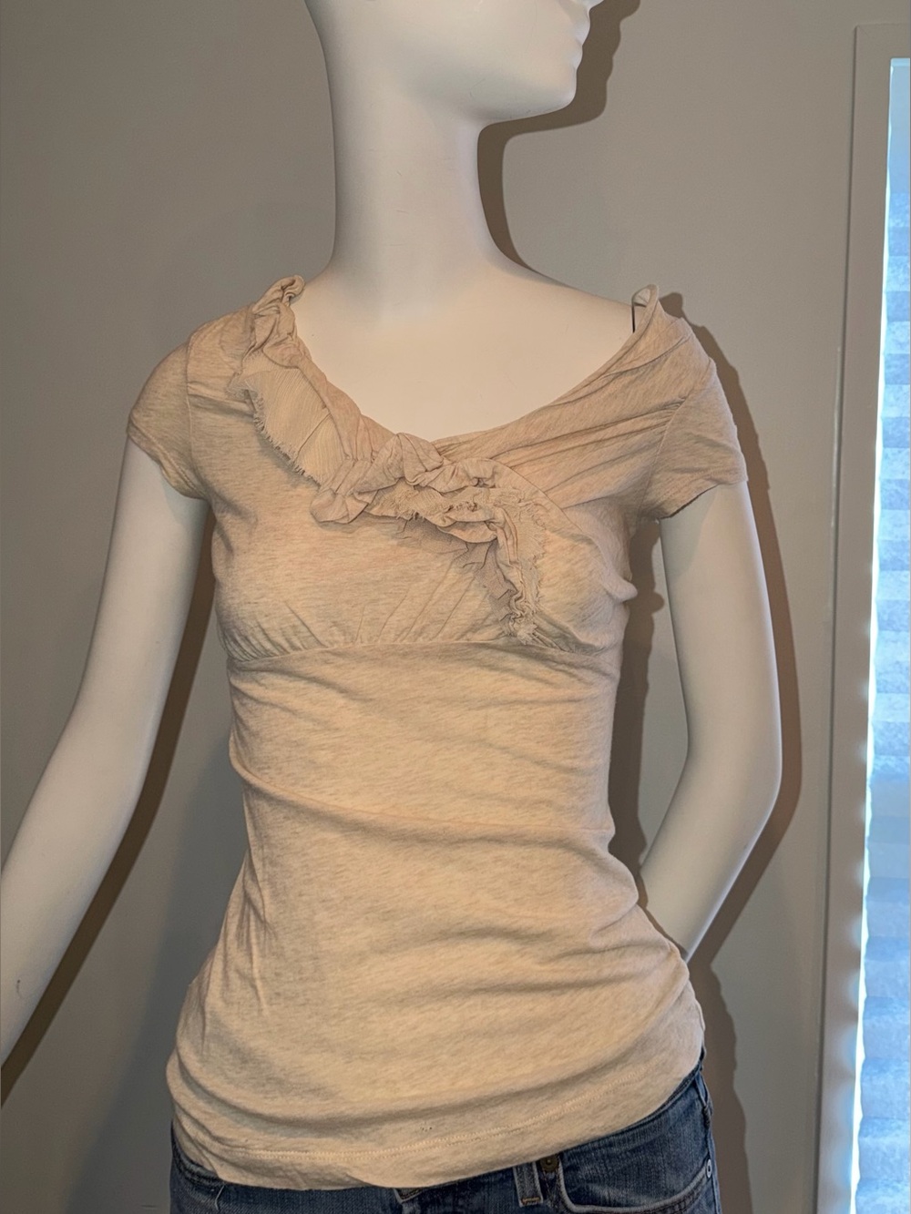 Cream Ruffled Short-Sleeve V-Neck Top